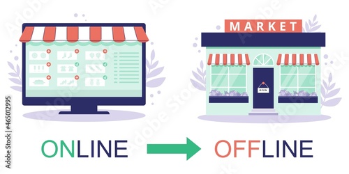 Online to offline commerce difference flat vector illustration isolated.