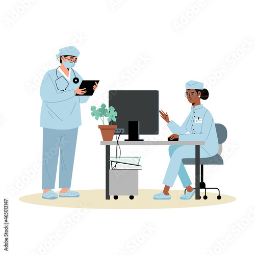 Doctors or hospital medical staff characters flat vector illustration isolated.