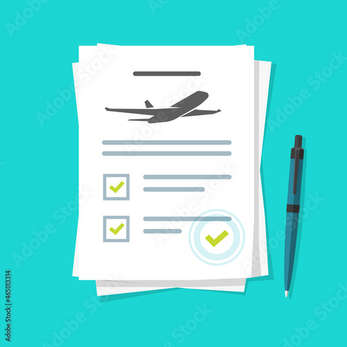 Flight insurance checklist paper form document vector or business airlines risk safety assurance agreement policy flat cartoon illustration, concept of travel by plane coverage protection doc
