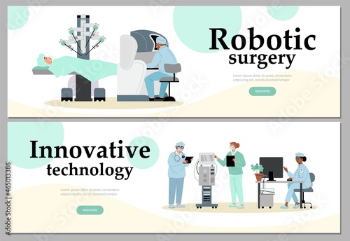 Innovative medicine and robotic surgery banners set, flat vector illustration.