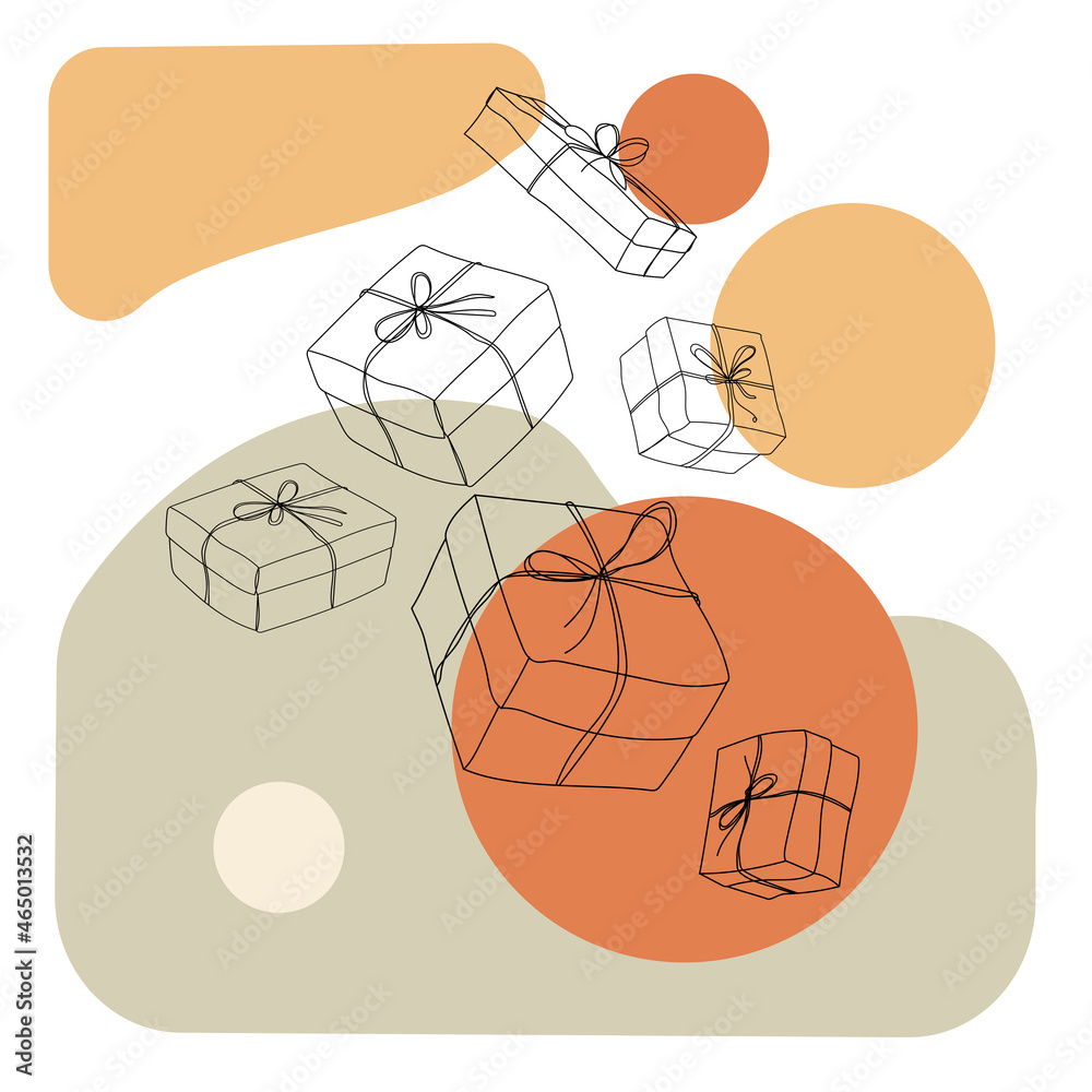 vector drawing different gift boxes on an abstract background with spots of different shapes in pastel colors. Boxing Day, Packaging