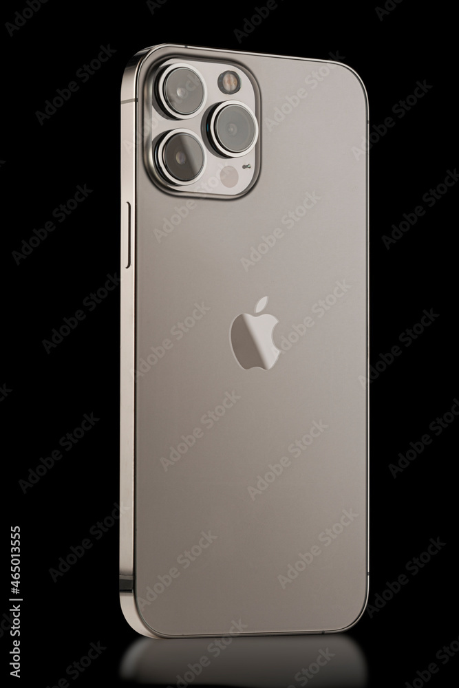iPhone 13 pro max on a black background. three close-up phone cameras, apple  logo. russia, krasnoyarsk 13 october 2021. Stock Photo | Adobe Stock