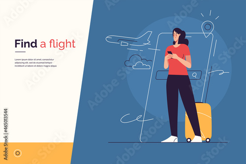 Vector illustration on the subject of traveling, searching and purchasing of plane tickets, online flight booking via smartphone. Editable stroke