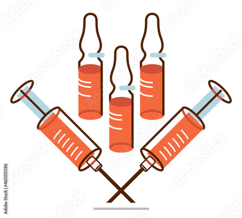 Vaccination theme vector illustration of a syringe with ampules isolated over white, epidemic or pandemic coronavirus covid 19 or flu or SARS or any other vaccine, pharmacology concept.