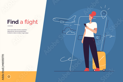Vector illustration on the subject of traveling, searching and purchasing of plane tickets, online flight booking via smartphone. Editable stroke