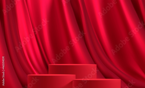 Realistic 3d red product podium on red silk background. Red product stage for product demonstration. Background for presentation, advertising, banner, poster. Vector illustration