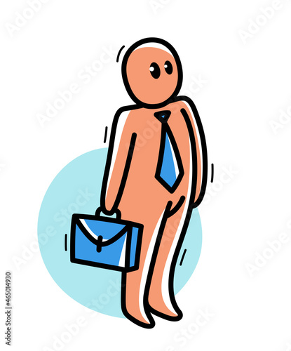 Funny cartoon man standing with briefcase and tie, businessman vector flat style illustration isolated on white, cute and positive small guy drawing or icon.