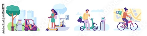 Personal eco city transport. Electric vehicles drivers. Charging station. Parking lots. People with scooter and bicycle. Persons drive moped or bike. Vector urban transportation scenes set
