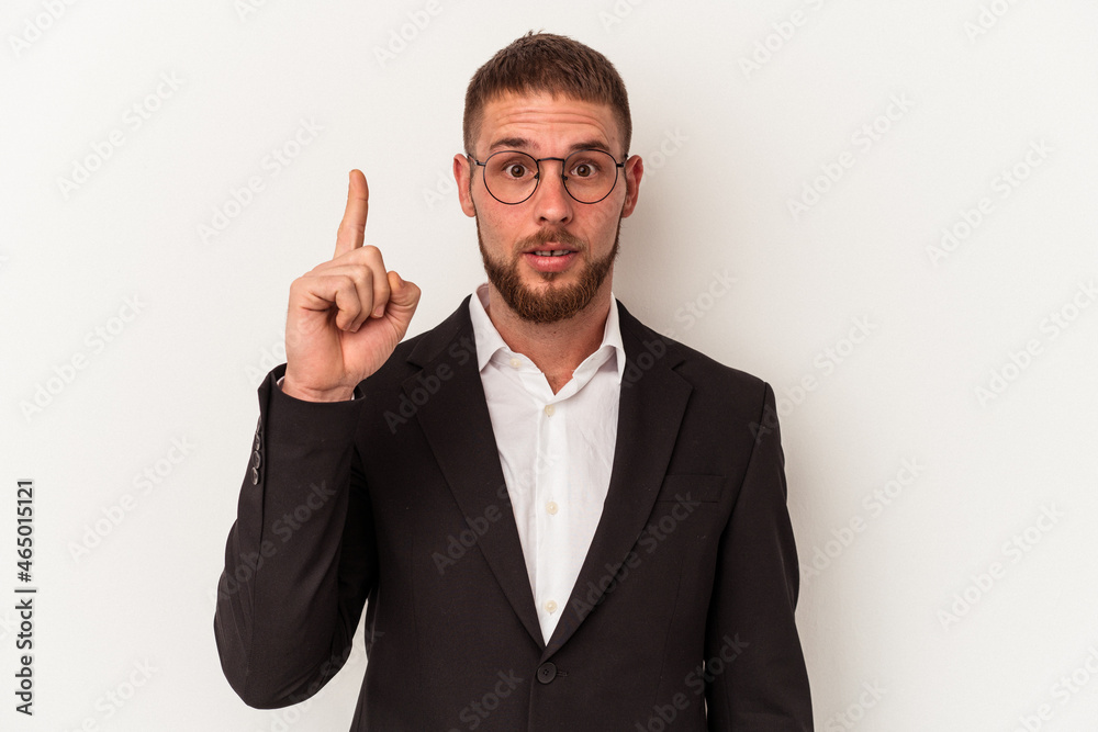 Young business caucasian man isolated on white background having some great idea, concept of creativity. Young business caucasian man isolated on white background having some great idea, concept of creativity.