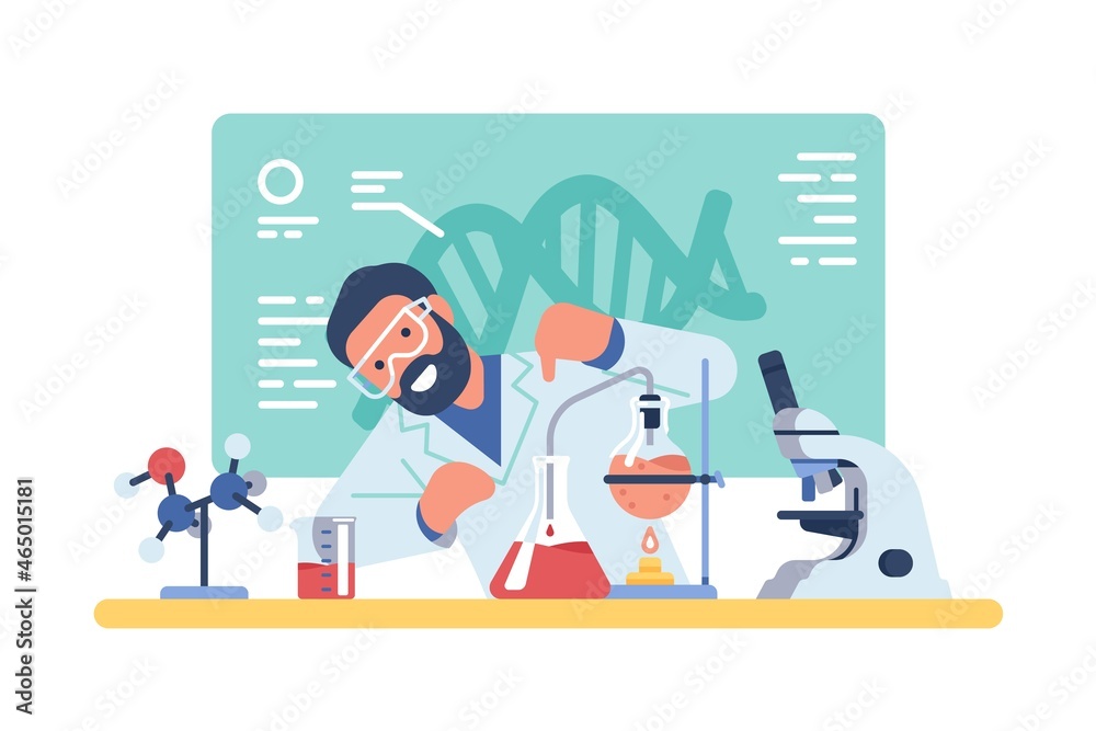 Scientist working. Chemist experience. Vaccine development. Researcher mixes reagents in test tubes. Chemistry or pharmacy lab with burner and microscope. Genetic engineering. Vector concept