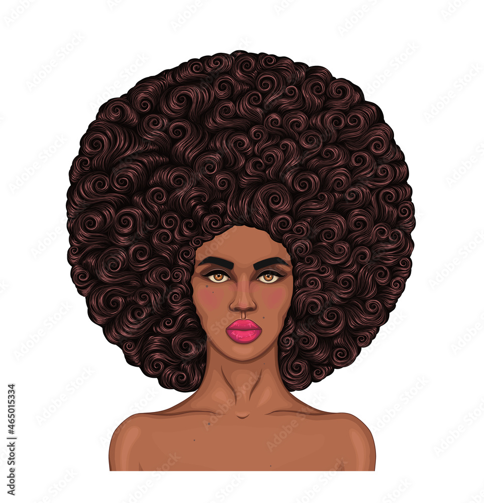 Vector portrait African American woman with magnificent curly afro hairstyle in retro style. Brown wavy haircut. Fashionable model with clean healthy skin. Close-up Attractive girl with bare shoulders