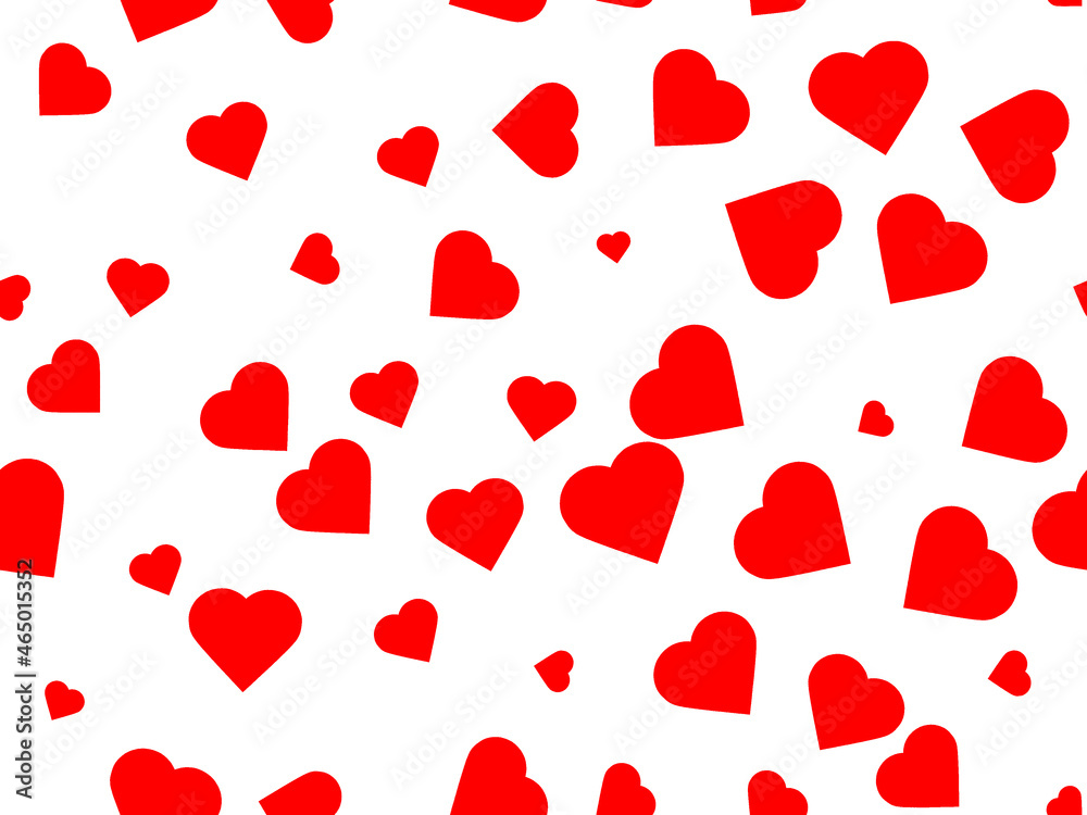 Red hearts of different sizes on a white background. Preparation of postcards and wrapping paper for Valentine's Day and Mother's Day