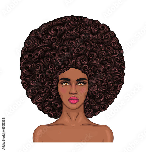 Vector portrait African American woman with magnificent curly afro hairstyle in retro style. Brown wavy haircut. Fashionable model with clean healthy skin. Close-up Attractive girl with bare shoulders