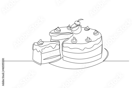 Continuous line drawing of delicious sliced cake or pudding. Single one line art piece of sweet food dessert. Vector illustration