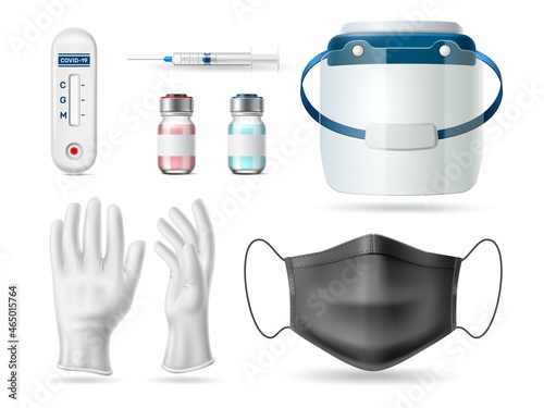 Medical protective elements. Realistic virus protection. Surgical masks and shield. Vials vaccine. Healthcare tools. Disease prevention. Covid-19 test. Vector disposable equipment set