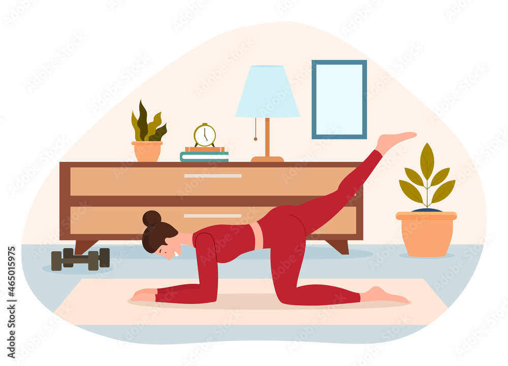 Fototapeta premium Sport woman concept. Woman performs exercises at home. Character does yoga. Healthy lifestyle. Daily activity for beautiful figure. Cartoon flat vector illustration isolated on white background