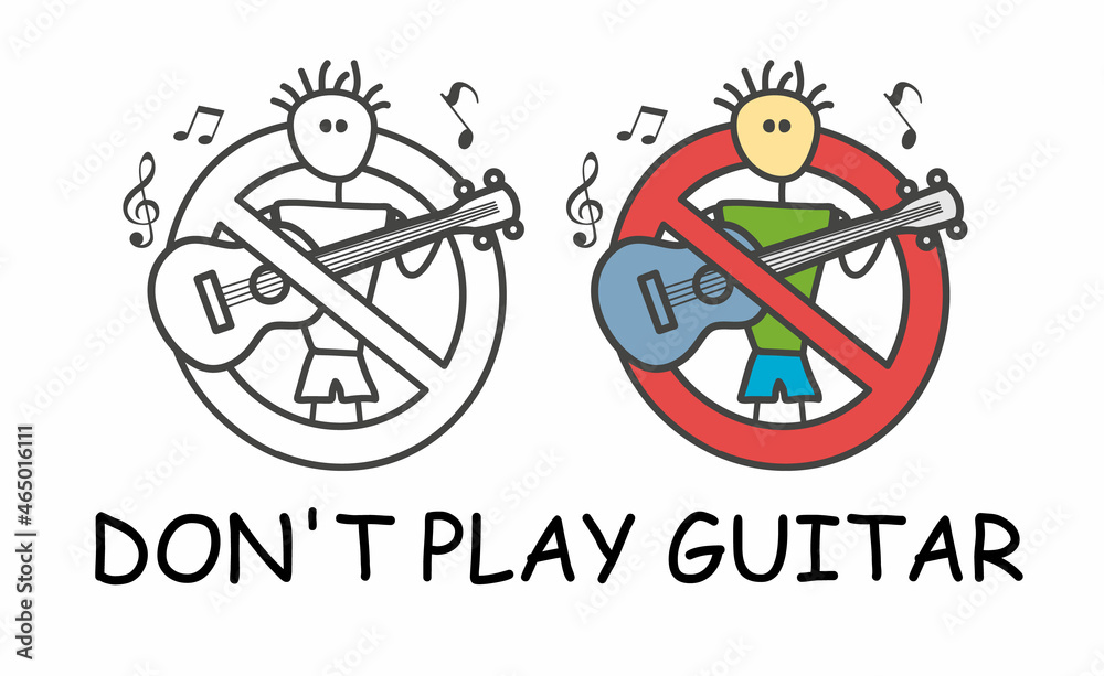 Funny vector stick man with a guitar in children's style. Playing