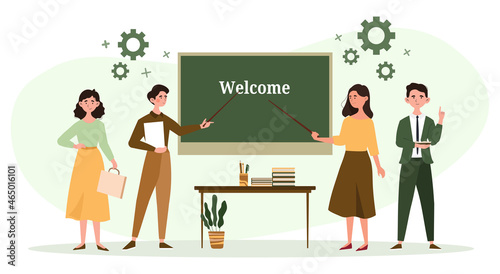 Teachers in the classroom concept. Men and women stand next to board and point to inscription. Welcome to lesson. Teachers at school or university. Smart people. Cartoon flat vector illustration