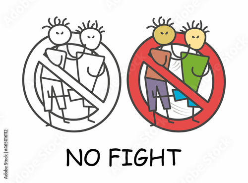 Funny vector two stick men fight in children's style. No fight red prohibition. Stop symbol. Prohibition icon sticker for area places. Isolated on white
