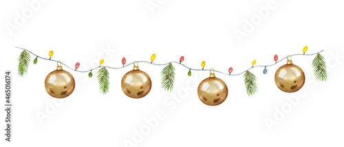 Watercolor vector Christmas garland with balls, lights and fir branches.