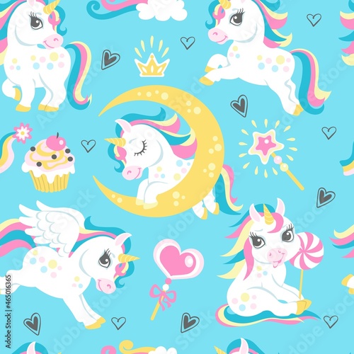 Seamless unicorns pattern. Cute animals background. Fairy tale characters. Funny kids horses with rainbow manes, horns and wings. Cartoon Pegasus play or sleep. Vector girly print template