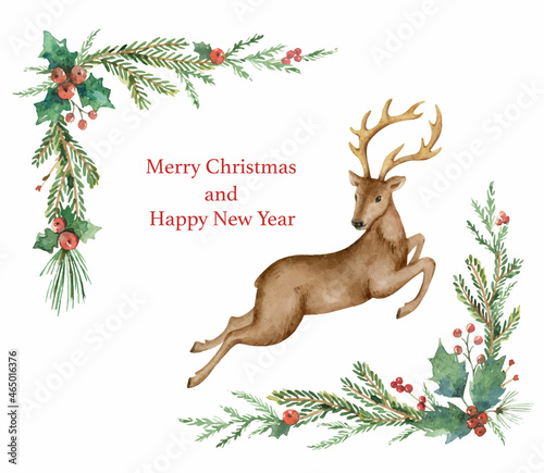 Christmas vector watercolor wreath with a deer and fir branches.