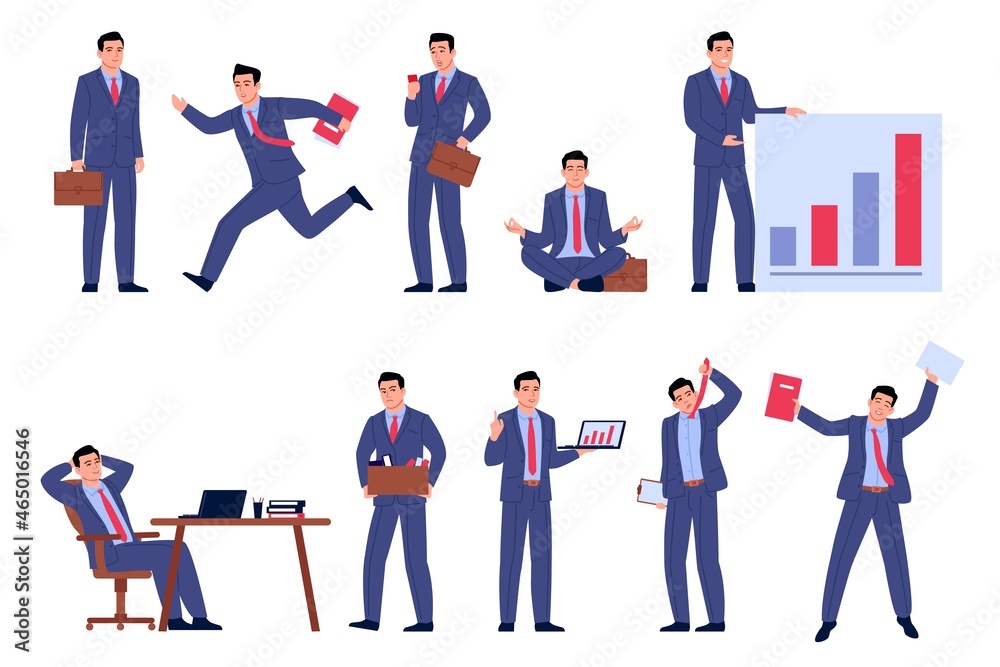 Businessman character. Office employee in formal suit and tie. Various poses man. Professional manager workplace. Worker with folder and briefcase. Vector persons work activities set Businessman character. Office employee in formal suit and tie. Various poses man. Professional manager workplace. Worker with folder and briefcase. Vector persons work activities set