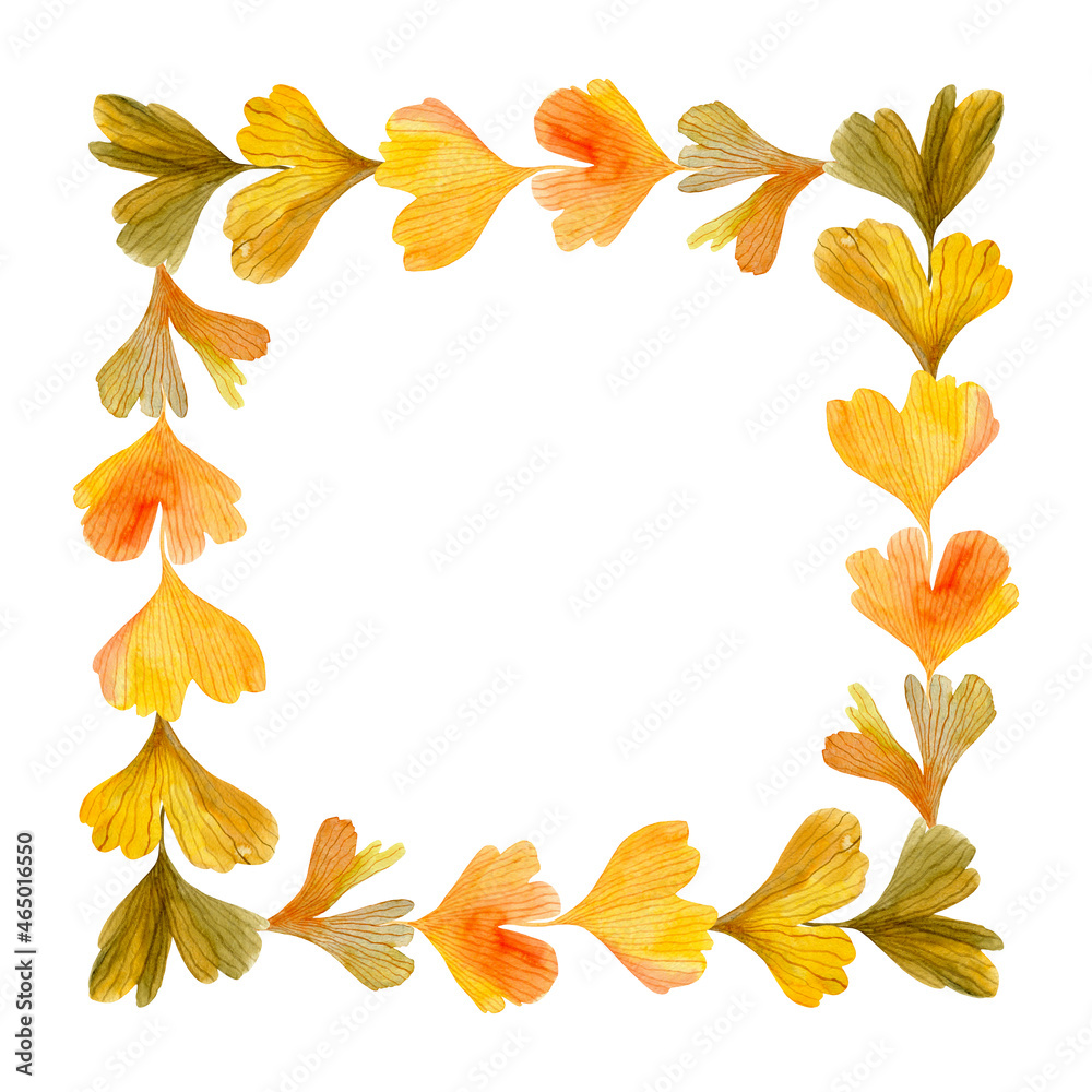 Square frame of autumn ginkgo biloba leaves isolated on a white background. Watercolor hand-drawn golden foliage. Decorative elementwith empty space for text
