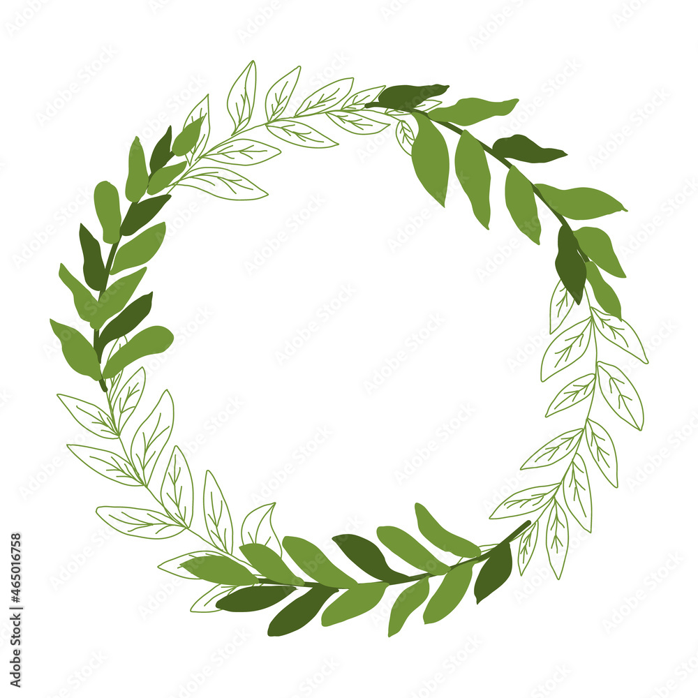 green laurel wreath, background set with leaves, wreath. Vector illustration for invitation, postcard and sticker.Editable element