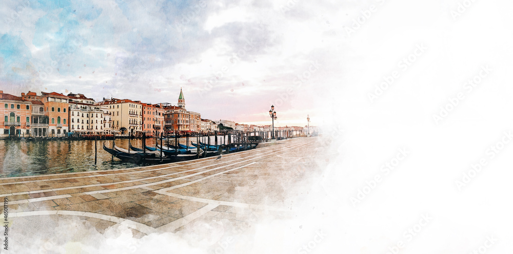 Venice, Veneto, Italy, Europe, Beautiful view of the old city, Grand Canal and gondolas, pier, old street, watercolor drawing, postcard from a travel trip