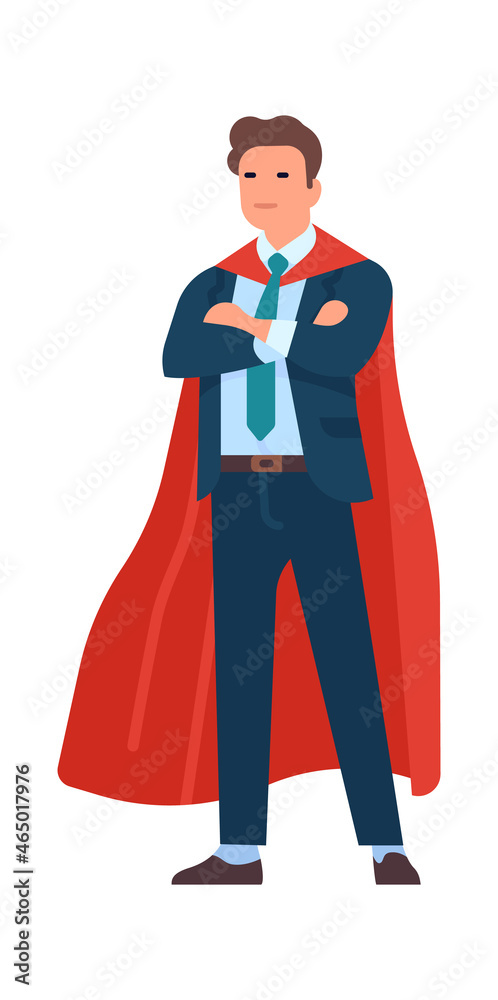 Super businessman character. Men strong hero standing in costume, business people mascot, male leader in fluttering cape. Success work and leadership, vector cartoon isolated illustration
