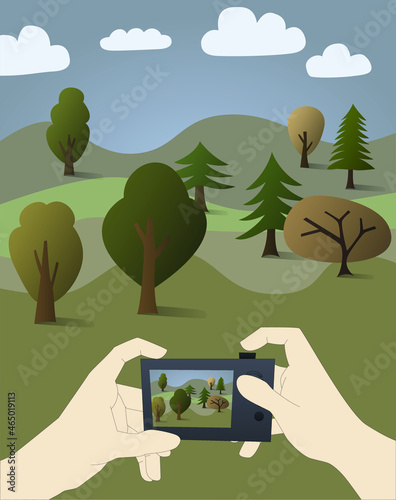 vector with cartoon photographer taking photo of forest