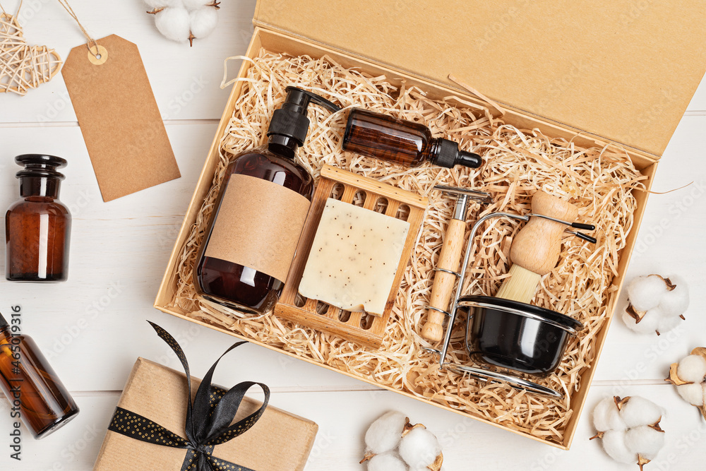 Self care package, seasonal gift box with zero waste organic cosmetics  products for men. Personalized eco friendly basket for family and friends  for thankgiving, christmas, fathers day Photos | Adobe Stock