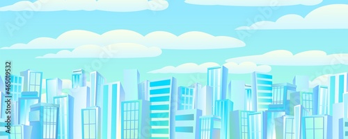 Big city from afar. Skyscrapers and large buildings. Cartoon flat style illustration. Blue city landscape Cityscape. Horizontal composition. Vector.