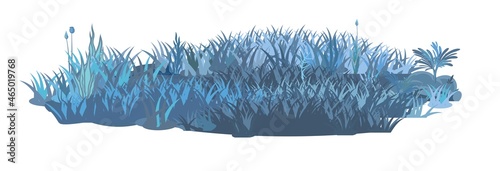 Dense meadow in the evening. Dark thickets at night. Grass area. Beautiful and graceful landscape. Isolate on white background. Flat style. Cartoon design. Vector