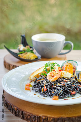 black pasta with seafood