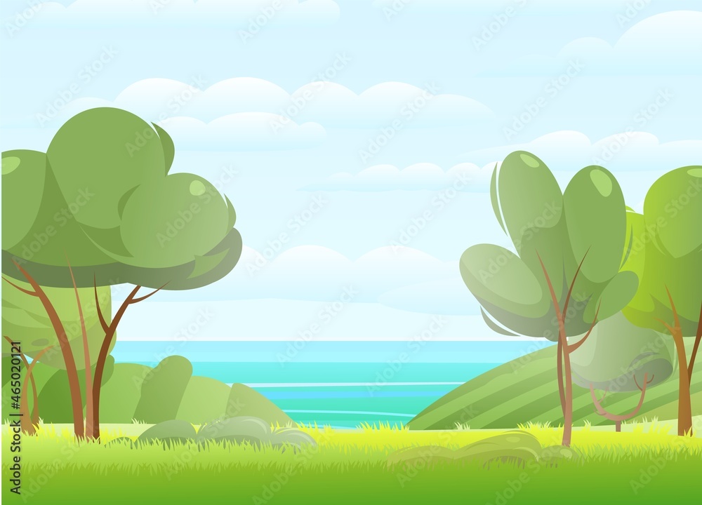 Green seaside. Meadow grass and trees. Moderate climate. Sea view from above. Illustration flat design. Cartoon style. Vector.