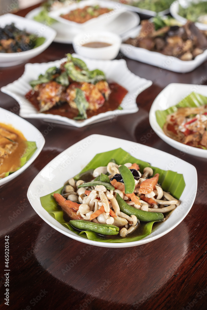 Stir fried mushroom with oyster sauce on dish Stir fried mushroom with oyster sauce on dish