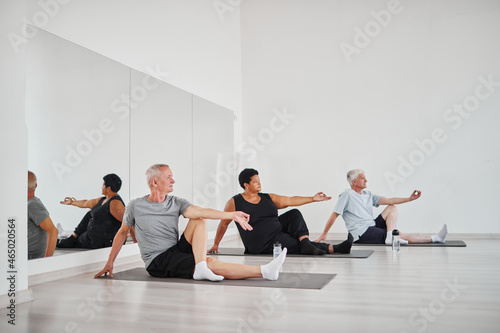 Group of senior people exercising on exercise mat and meditating during yoga class in studio