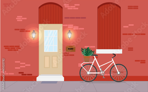 Residential building with a door, a front entrance with a threshold and steps