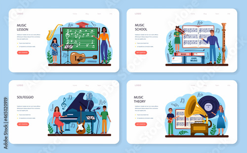 Music club or school web banner or landing page set. Students learn to play