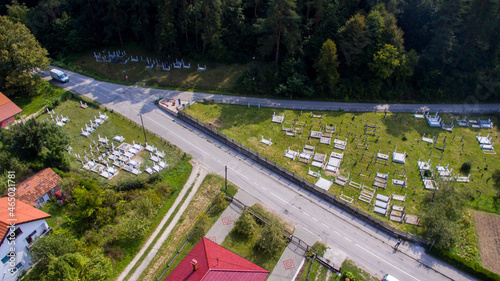 Aerial view shot of a Muslim cemetery in Bosnia and Herzegovina