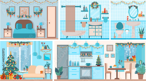 Christmas house in cut. House interior with a furniture, christmas tree, gifts, lights, decorations. Snow is falling outside the window. Flat cartoon style vector illustration.
