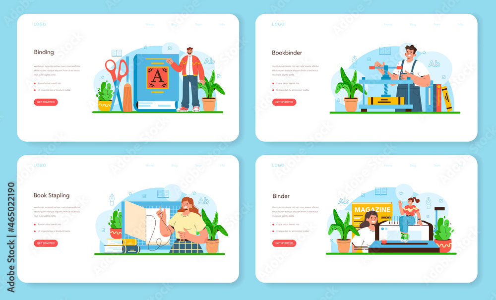 Book binding web banner or landing page set. Printing house technology Book binding web banner or landing page set. Printing house technology