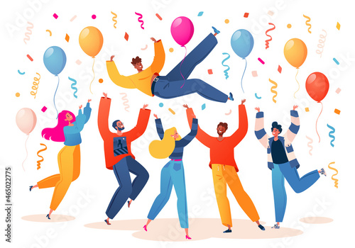People celebrate achievement of victory. Friends Birthday party, congratulating and celebrating. Flat cartoon style vector characters of men and women tossing man in air.