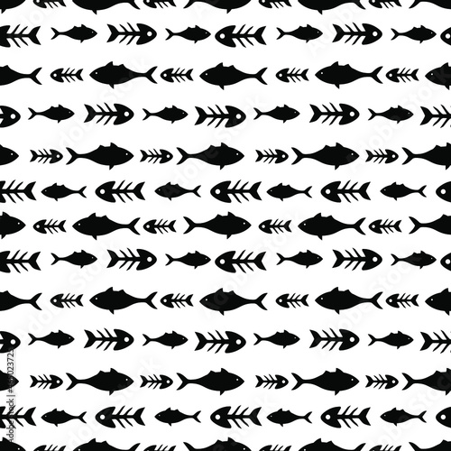 Fish seamless pattern. Undersea world. Silhouette of fishes and their bones. Pattern of fish skeletons.