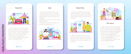 Copywriter mobile application banner set. Writing texts and layout