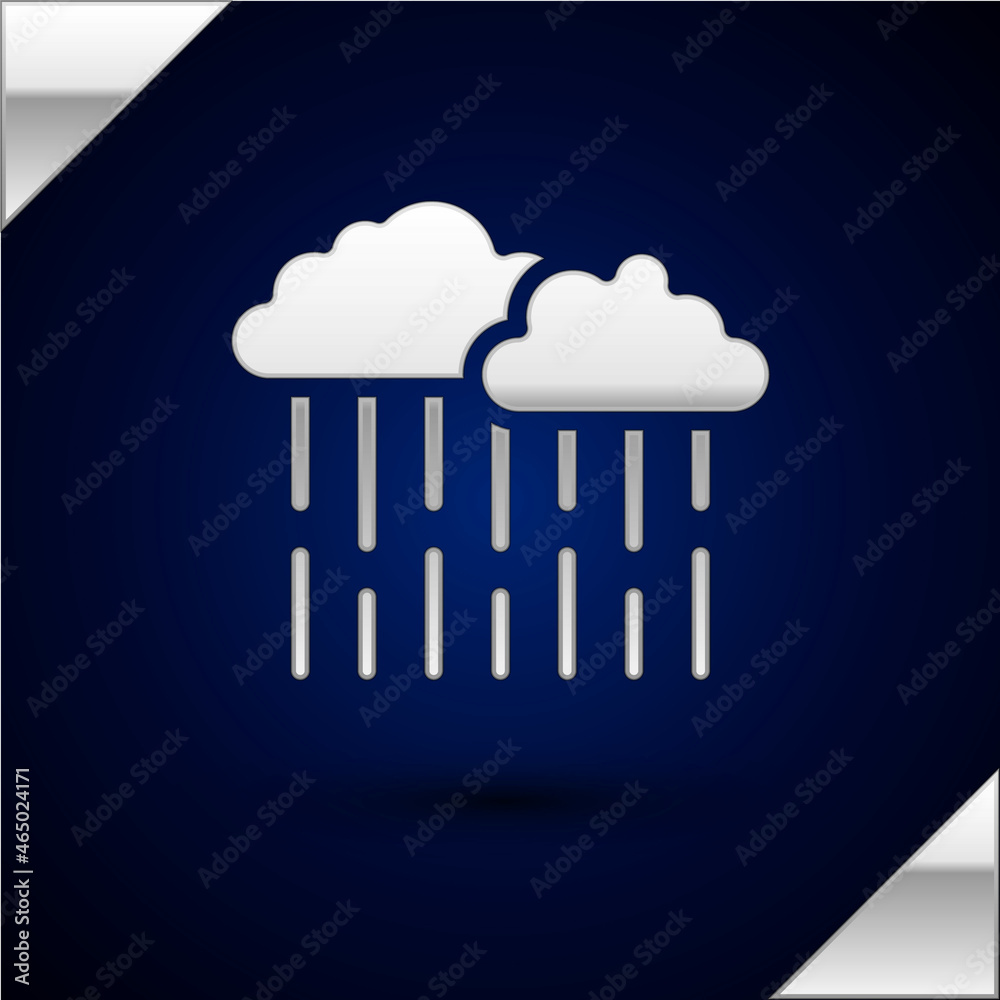 Silver Cloud with rain icon isolated on dark blue background. Rain cloud precipitation with rain drops. Vector Silver Cloud with rain icon isolated on dark blue background. Rain cloud precipitation with rain drops. Vector