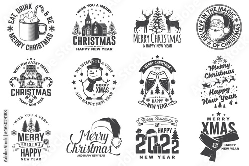 Set of Merry Christmas and Happy New Year stamp, sticker with snowflakes, snowman, santa claus, candy, catholic church, glasses of champagne Vector Vintage typography design for xmas, new year emblem