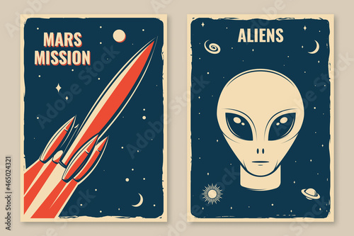 Space mission posters, banners, flyers. Vector illustration. Concept for shirt, print, stamp, overlay or template. Vintage typography design with alien and space silhouette.